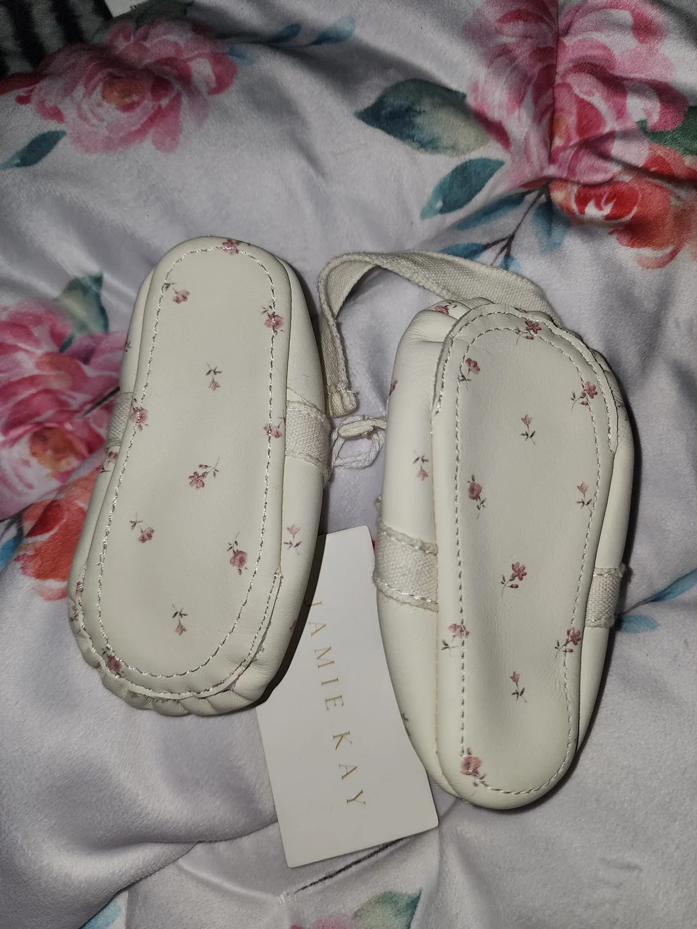 Jamie Kay Cream Baby Mary Jane Shoes with Pink Floral
